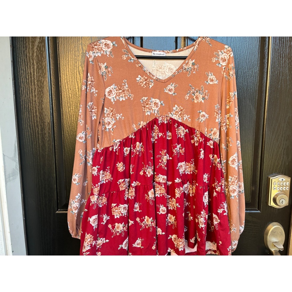 Egy California Womens Mixed Floral Babydoll Top Rust Burgundy V-Neck Medium